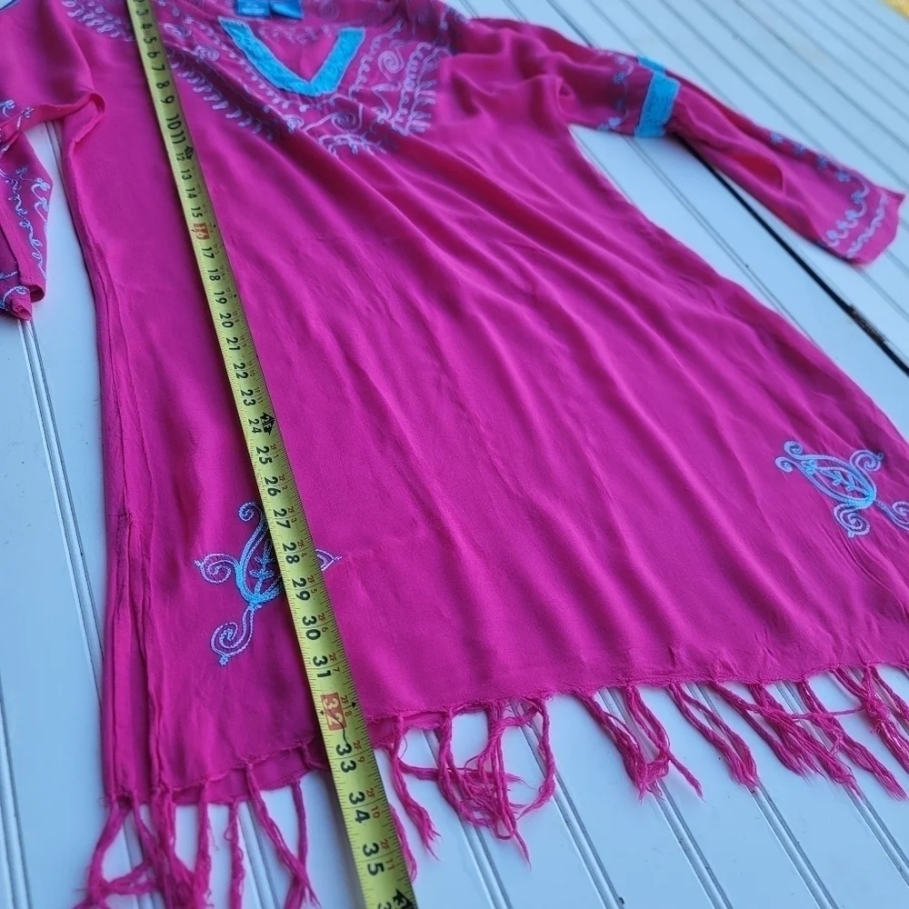 Blue Island Beach Hot Pink Blue Dress Swim Cover Up Tassel Pom Crochet Sz M